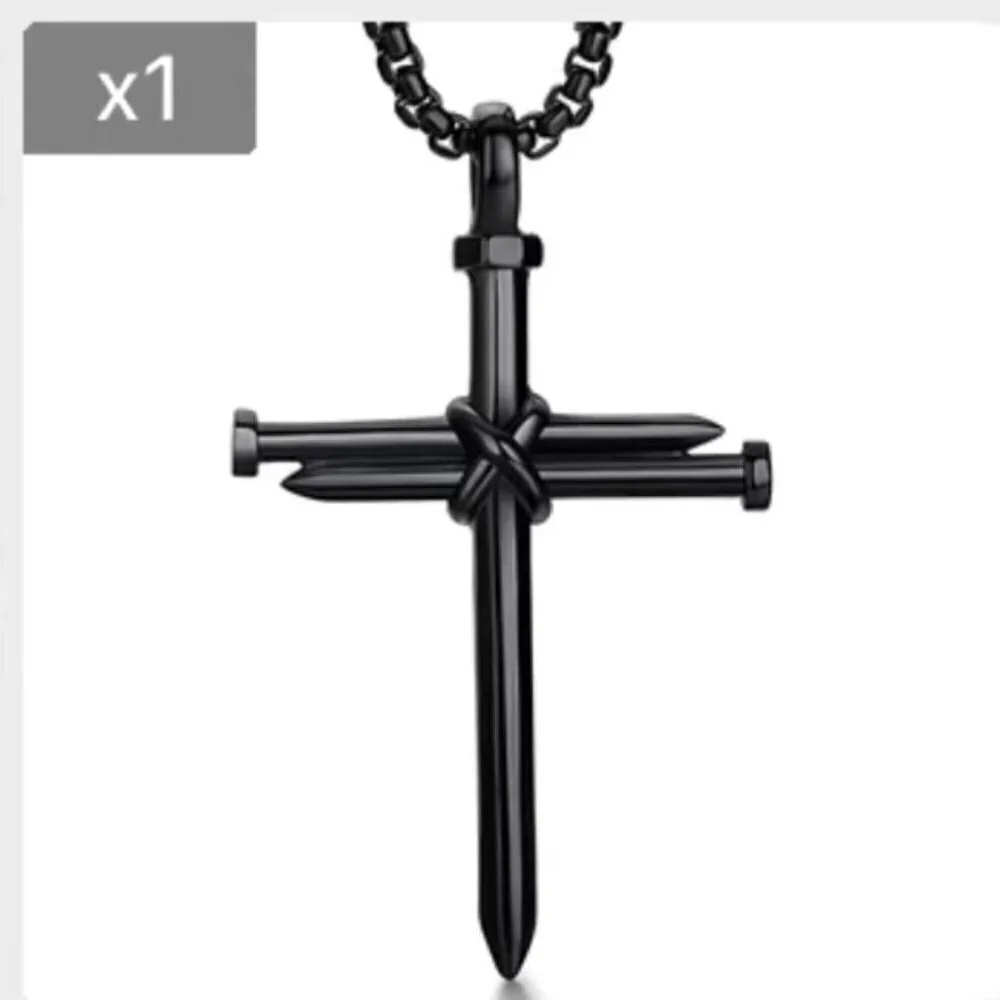 Cross 3 Nail Necklace Statement Piece Pendant Chain and Gift Pouch Black